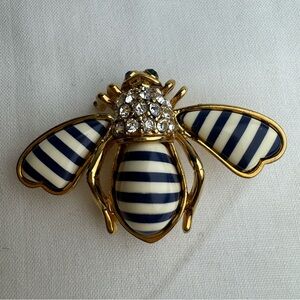 Joan Rivers Striped Bee Pin Navy Blue & White Gold Tone Nautical Beach Brooch